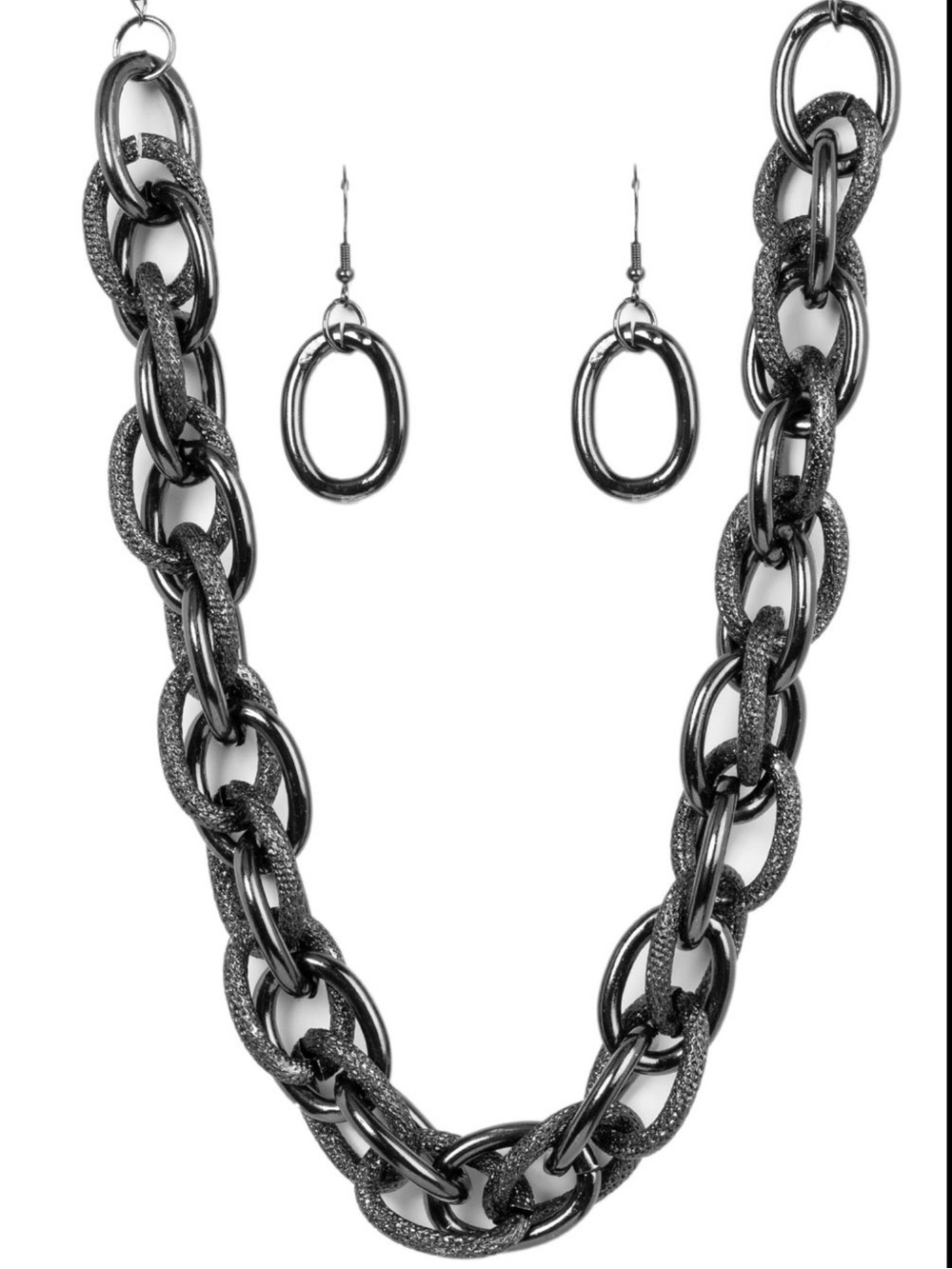 Gunmetal Link Necklace and Earrings Set - Women's Jewelry